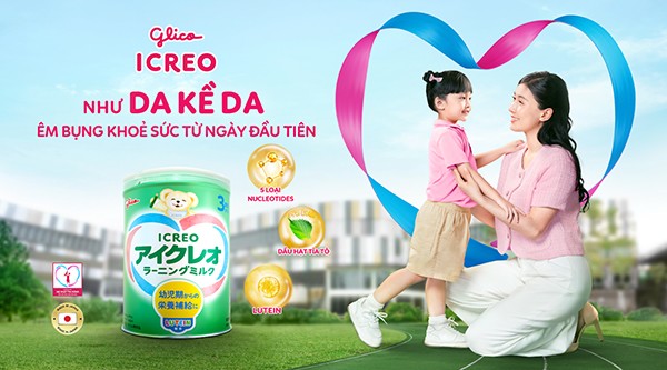 Tiếp nối những lợi ích quý giá từ da kề da, sữa Glico ICREO số 3 có 5 loại Nucleotides giúp bé yêu êm bụng, khỏe sức.