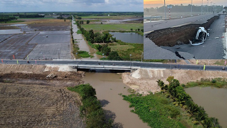 Đường dẫn cầu Hòa Bình xã Hòa Hội, huyện Châu Thành, tỉnh Tây Ninh bị sụt lún nghiêm trọng sau chưa đầy 1 tháng khánh thành. Ảnh: Pháp luật TPHCM và Tây Ninh