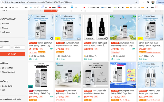 Sản phẩm mỹ phẩm SEIMY skin 7 days plus dung tích 10ml có nhiều mức giá bán trên sàn thương mại điện tử. Ảnh chụp màn hình.