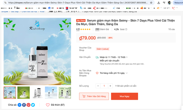 Mức giá bán thấp nhất đối với sản phẩm "SEIMY skin 7 days plus" là 79.000 đồng/sản phẩm 10ml...