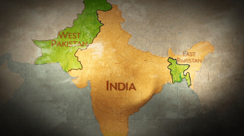 Ấn Độ nằm giữa Đông Pakistan và Tây Pakistan (phần màu xanh lá). Ảnh: The Indosphere