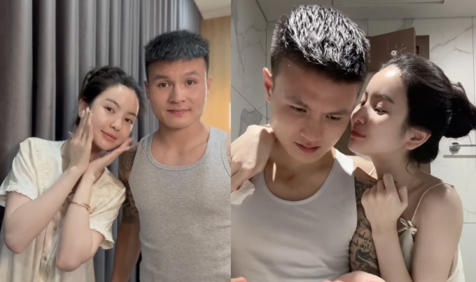 Quang Hải cùng vợ quảng cáo tinh chất dưỡng da. Ảnh: Chụp màn hình