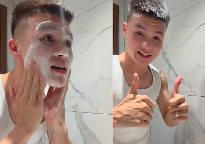 Quang Hải tự quay video quảng cáo sữa rửa mặt cho vợ. Ảnh: Chụp màn hình