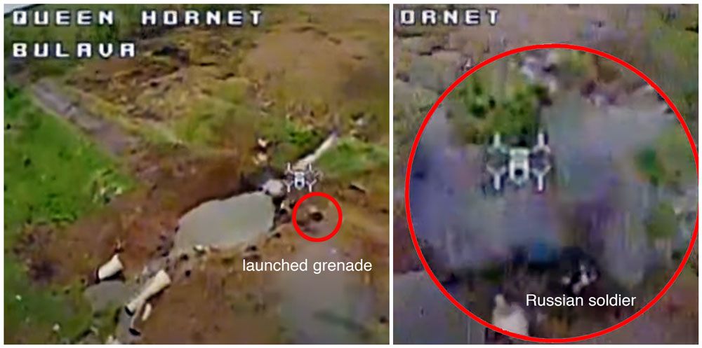 Khoảnh khắc UAV Ukraine khai hỏa súng phóng lựu nhằm vào bộ binh Nga. Ảnh chụp màn hình video.