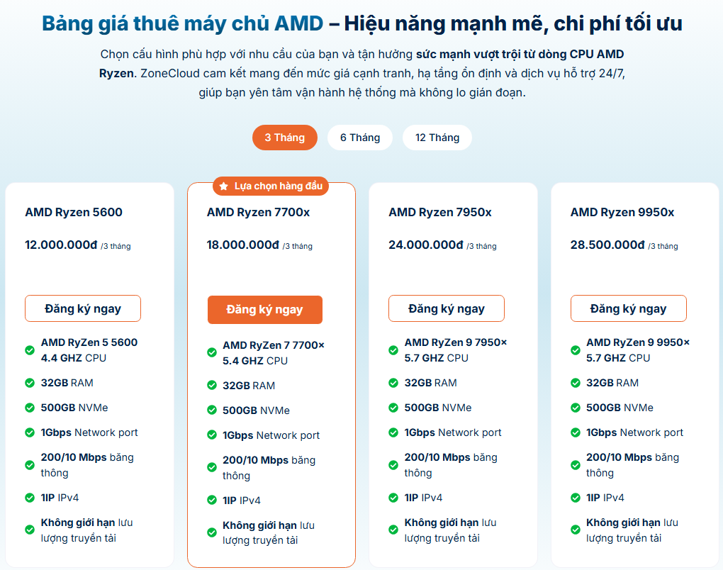 Bảng giá thuê Server AMD tại ZoneCloud