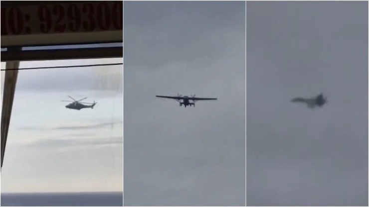 Estonia huy động trực thăng, máy bay áp sát tàu dầu trong khi chiến đấu cơ Su-35 của nga can thiệp. Ảnh chụp màn hình video.