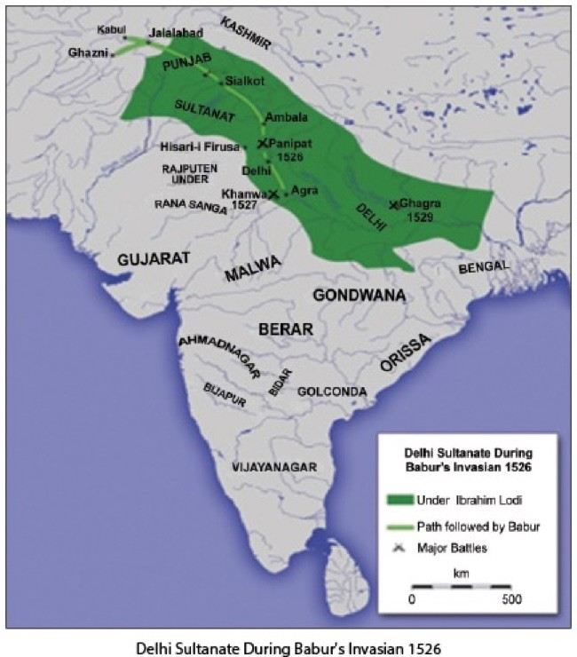 Con đường tiến công của Babur từ Afghanistan, qua Pakistan và miền bắc Ấn Độ (ngày nay).
