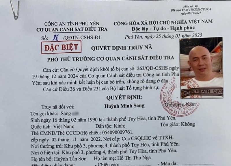 Sang bị Công an tỉnh Phú Yên truy nã đặc biệt vì liên quan đến vụ án giết người.