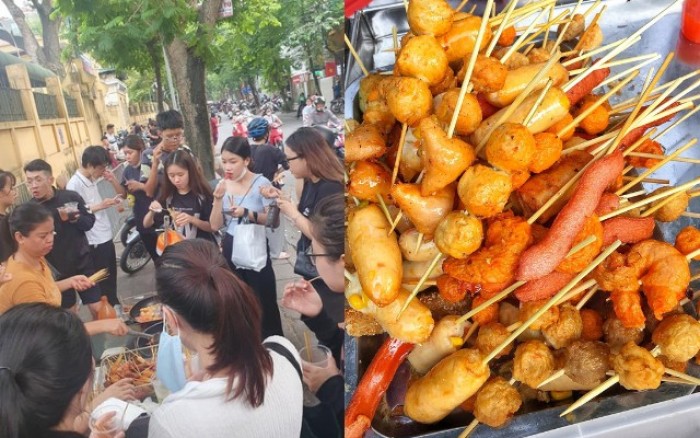 Các món chiên xiên que, xúc xích, lạp xưởng nướng được bán nhiều trên các tuyến đường, Ảnh internet