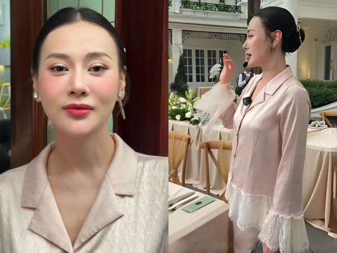 Phương Oanh mặc pyjama với hoa tai kim cương, túi Louis Vuitton khi chuẩn bị tiệc thôi nôi cho hai con.