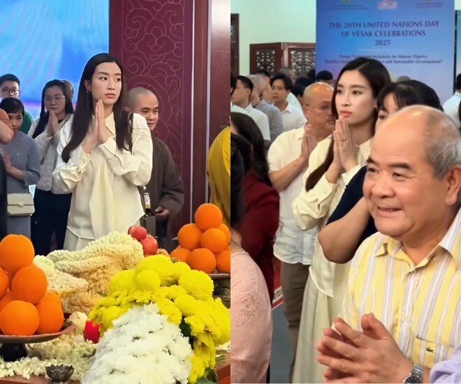 Hoa hậu Đỗ Mỹ Linh tháp tùng Bầu Hiển đi chiêm bái xá lợi Phật, khí chất chuẩn dâu hào môn - 2