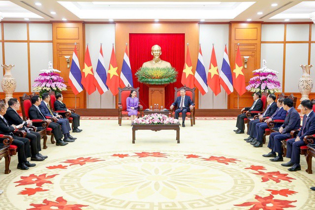 Tổng Bí thư Tô Lâm tiếp Thủ tướng Thái Lan Paetongtarn Shinawatra. Ảnh: Hữu Hưng
