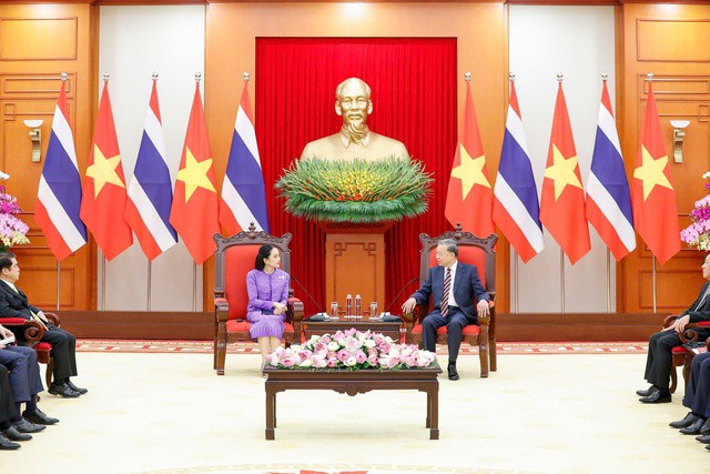 Tổng Bí thư Tô Lâm tiếp Thủ tướng Thái Lan Paetongtarn Shinawatra. Ảnh: Hữu Hưng