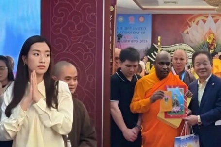 Hoa hậu Đỗ Mỹ Linh tháp tùng Bầu Hiển đi chiêm bái xá lợi Phật, khí chất chuẩn dâu hào môn
