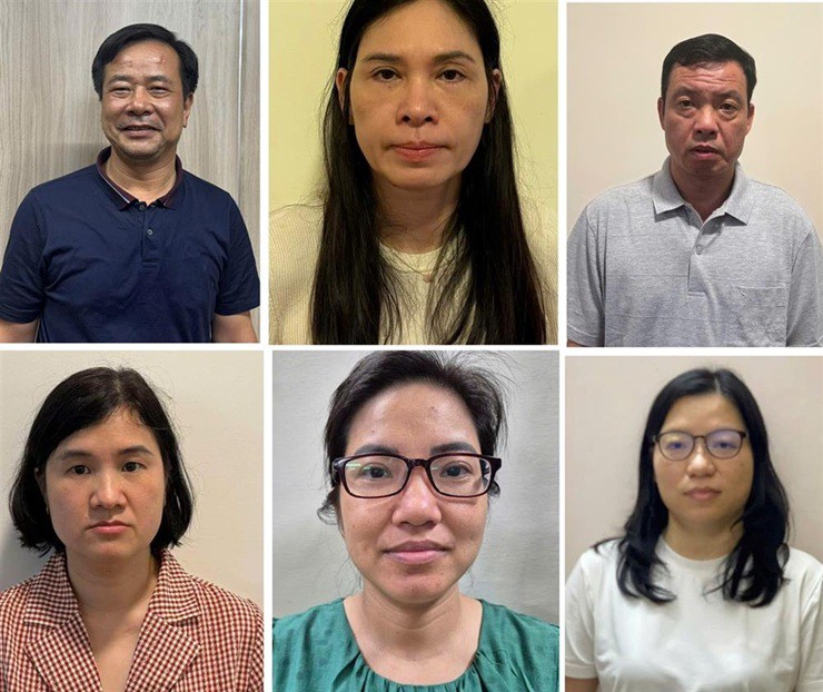 Các đối tượng từ trái qua phải: Nghiêm Quốc Hưng, Phạm Thị Hạnh, Nguyễn Đình Thám, Đặng Thị Phương, Trần Hồng Hạnh, Nguyễn Thị Cẩm Anh bị khởi tố. Ảnh: Bộ Công an