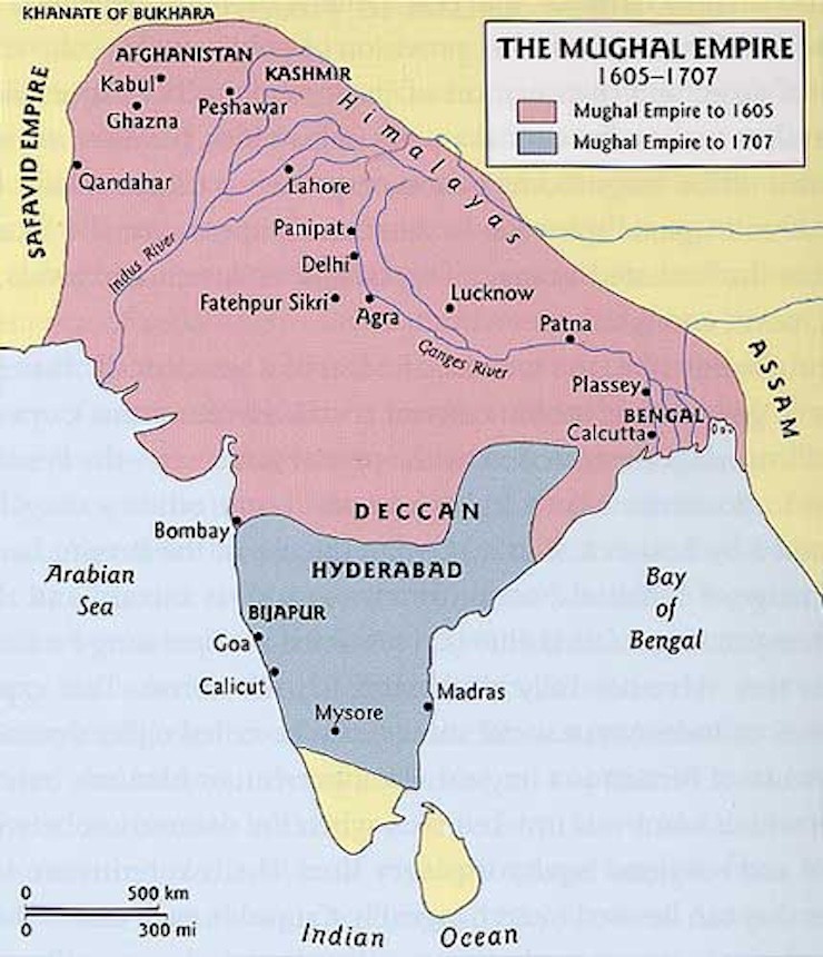 Vùng màu đậm biểu thị phạm vi kiểm soát của Đế chế Mughal trong giai đoạn Akbar đại đế trị vì.&nbsp;