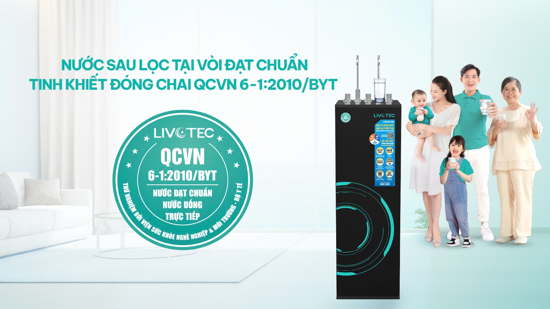 Máy lọc nước đạt tiêu chuẩn nước uống trực tiếp QCVN 6-1:2010/BYT được dán trực tiếp tem lên thân máy