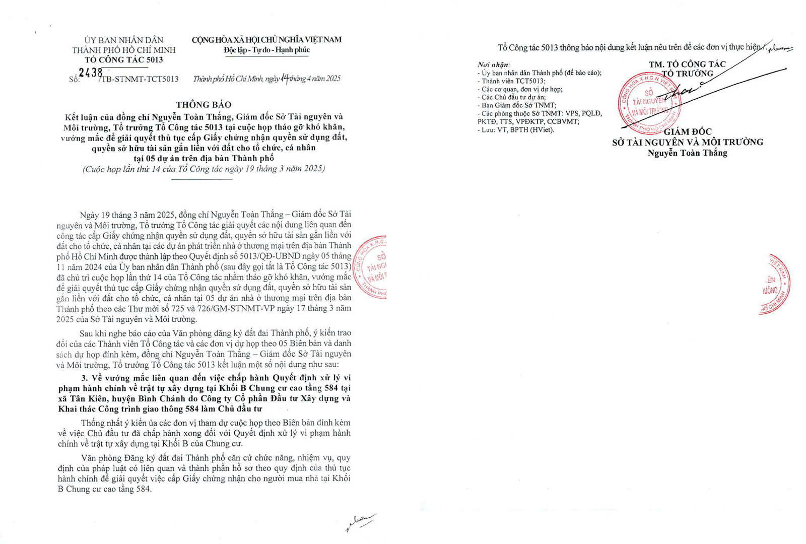 Văn bản thông báo về việc chấp thuận cấp giấy chứng nhận cho người mua dự án Conic Boulevard