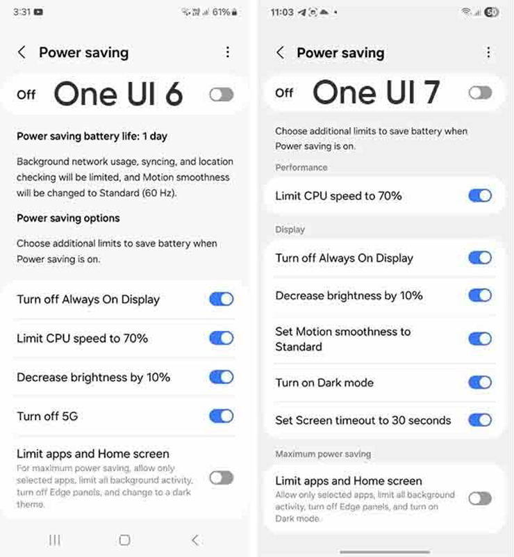 Thay đổi các cài đặt tiết kiệm pin giữa One UI 6 và One UI 7.