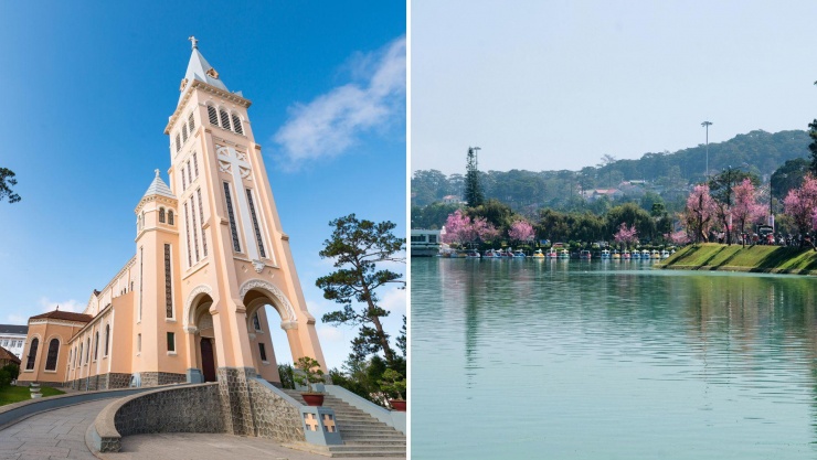 Nhà thờ Chánh tòa Đà Lạt hay Hồ Xuân Hương là những điểm đến nổi tiếng tại thành phố ngàn hoa của cao nguyên Lâm Viên. Ảnh: Getty Images (trái), Vu Cong Danh/Getty Images (phải).