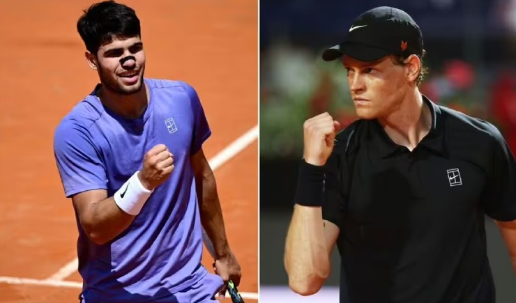 Trận chung kết Rome Masters 2025 không thể bỏ lỡ giữa Alcaraz (áo tím) và Sinner (áo đen)