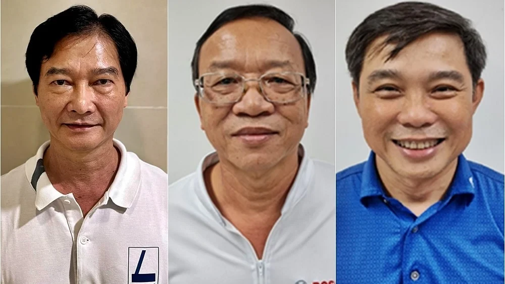 Các bị can Huỳnh Tuấn Ân, Trần Ngọc Linh, Nguyễn Thành Ngôn (từ trái sang). Ảnh: BCA