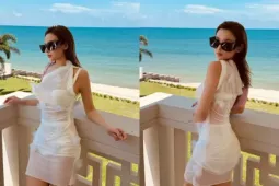 Huyền baby khoe dáng sang chảnh chuẩn  " phú bà "  bên biển