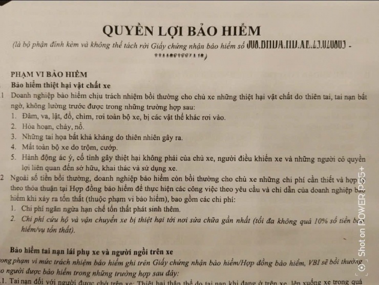 Quyền lợi bảo hiểm được ghi trong một hợp đồng bảo hiểm xe ô tô. (Ảnh: N.T).