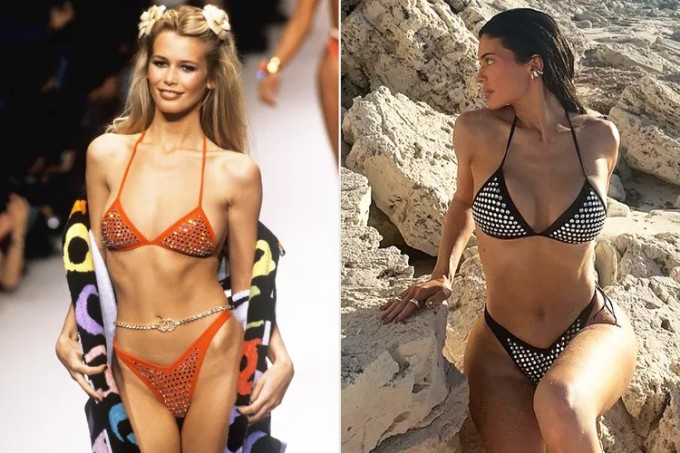 Kylie Jenner (phải) ưa chuộng mẫu áo tắm đính đá của Chanel - thiết kế từng được Claudia Schiffer trình diễn năm 1995 (trái).