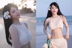 DJ Mie chăm diện thiết kế váy  " lưới đánh cá "  khi đi biển
