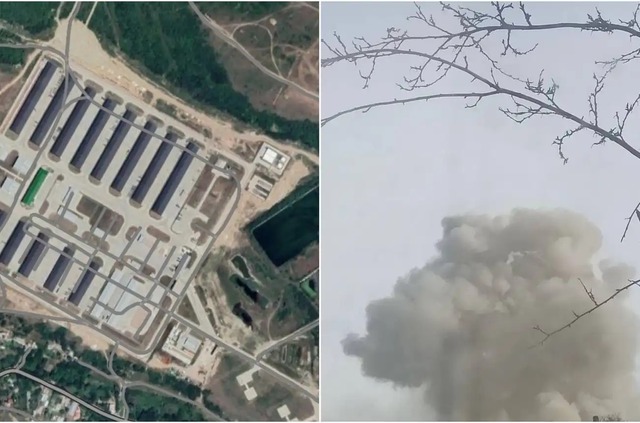 Cháy tại một nhà kho ở Perevalne thuộc bán đảo Crimea ngày 16-5. Ảnh: T.me/chp_sevastopol