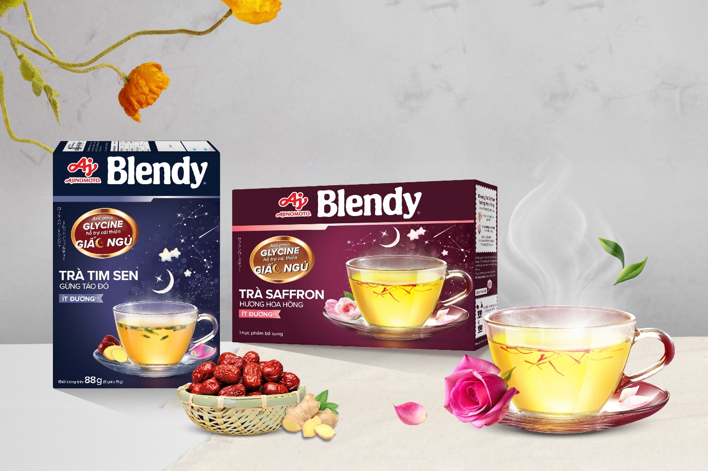 Thực phẩm bổ sung Blendy® hiện có 2 sản phẩm đó là Blendy®Trà Saffron hương Hoa Hồng và Blendy®Trà Tim Sen Gừng Táo Đỏ.