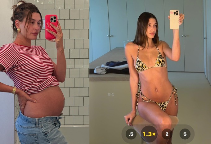Vóc dáng Hailey khi mang thai và sau gần một năm sinh con trai đầu lòng.
