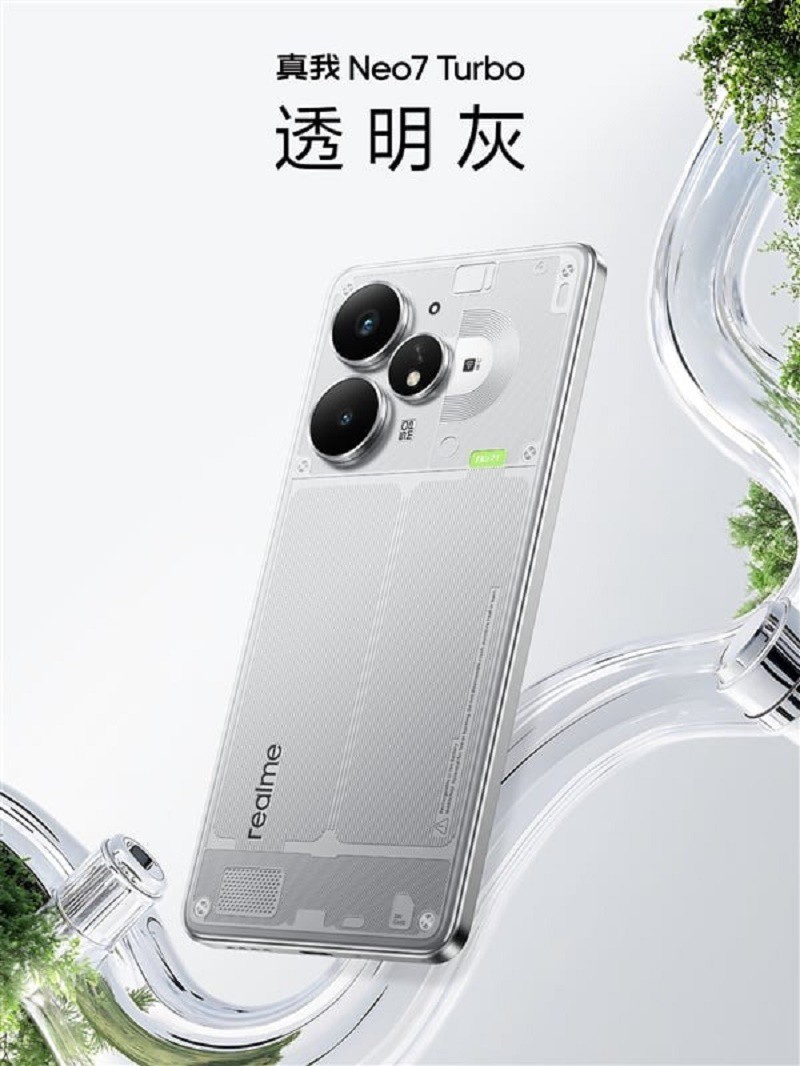 Realme Neo 7 Turbo phiên bản Transparent Gray với mặt lưng trong suốt.