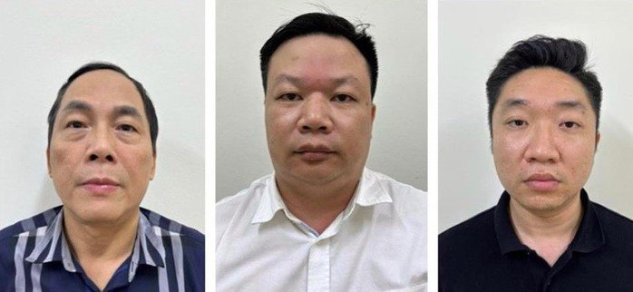 Các bị can (từ trái qua phải) Hoàng Quốc Hùng, Lương Nhân Hòa, Nguyễn Đình Cảnh. Ảnh: BỘ CÔNG AN