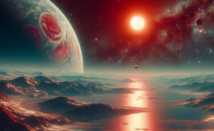 Quang cảnh trên một hành tinh có đại dương và "mặt trời đỏ" giống các hành tinh TRAPPIST-1 - Minh họa AI: Thu Anh