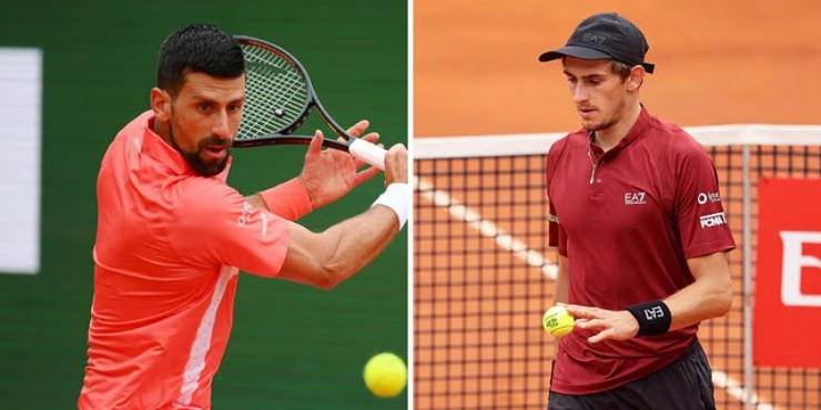 Djokovic (bên trái) rất nóng lòng đả bại Arnaldi (bên phải)