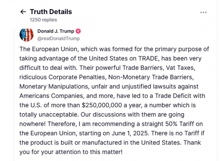 Ông Trump có bài trên TruthSocial vào lúc 19h ngày 23/5 dọa áp thuế 50% lên EU. Nguồn: TS