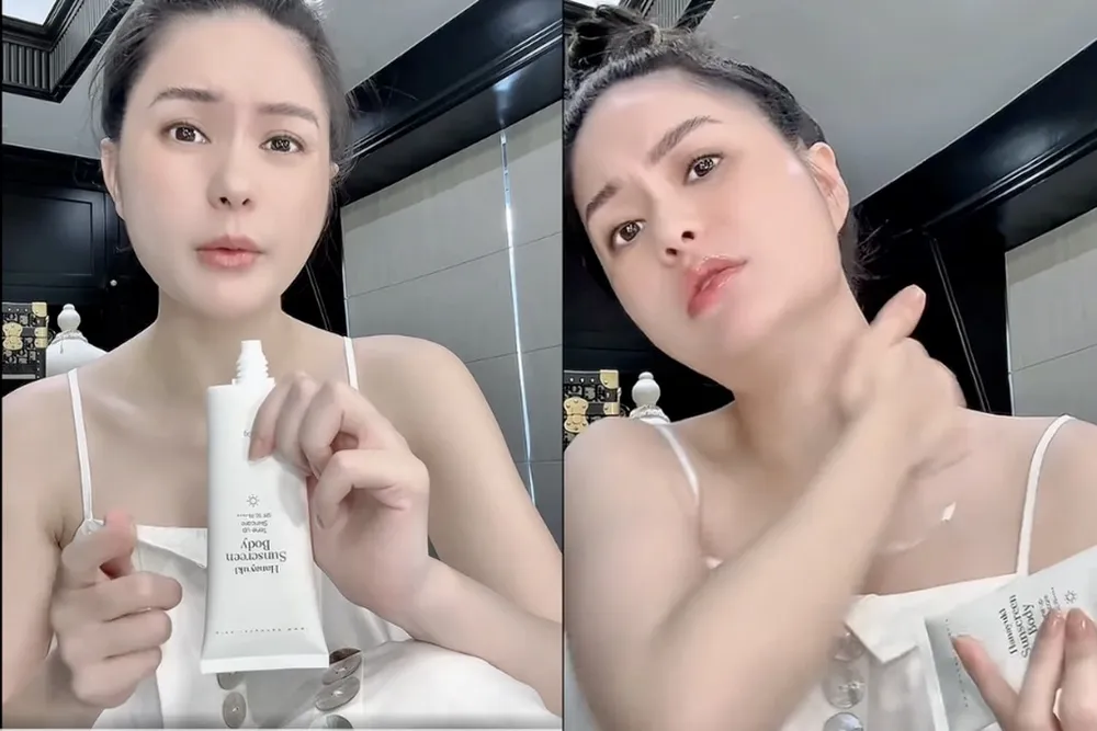 Trong một clip, Đoàn Di Băng chia sẻ đã dùng sản phẩm kem chống nắng trước khi bán và khuyên khách mua để chống nắng (Ảnh: Chụp màn hình).