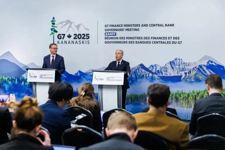 Sau 3 ngày nhóm họp tại tỉnh Alberta (Canada), bộ trưởng tài chính các nước G7 đã ra tuyên bố chung về vấn đề trừng phạt Nga và kinh tế toàn cầu. Ảnh: AFP