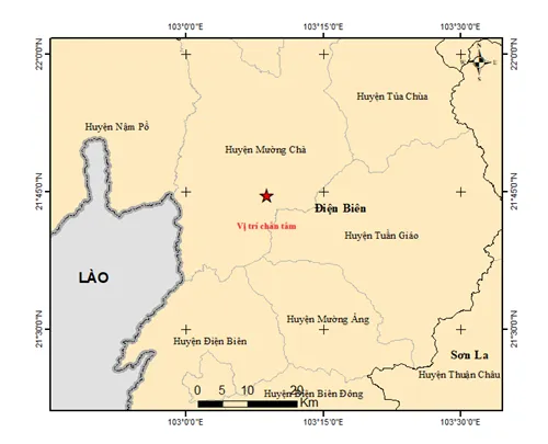 Bản đồ chấn tâm động đất tại huyện Mường Chà, tỉnh Điện Biên.