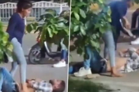Bắt quả tang chồng ngoại tình, vợ đánh chồng tới tấp giữa phố