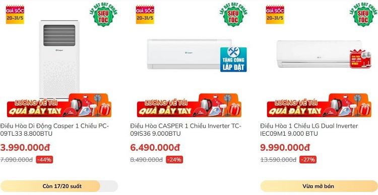 Mẫu điều hoà di động 1 chiều giảm tới 44%.