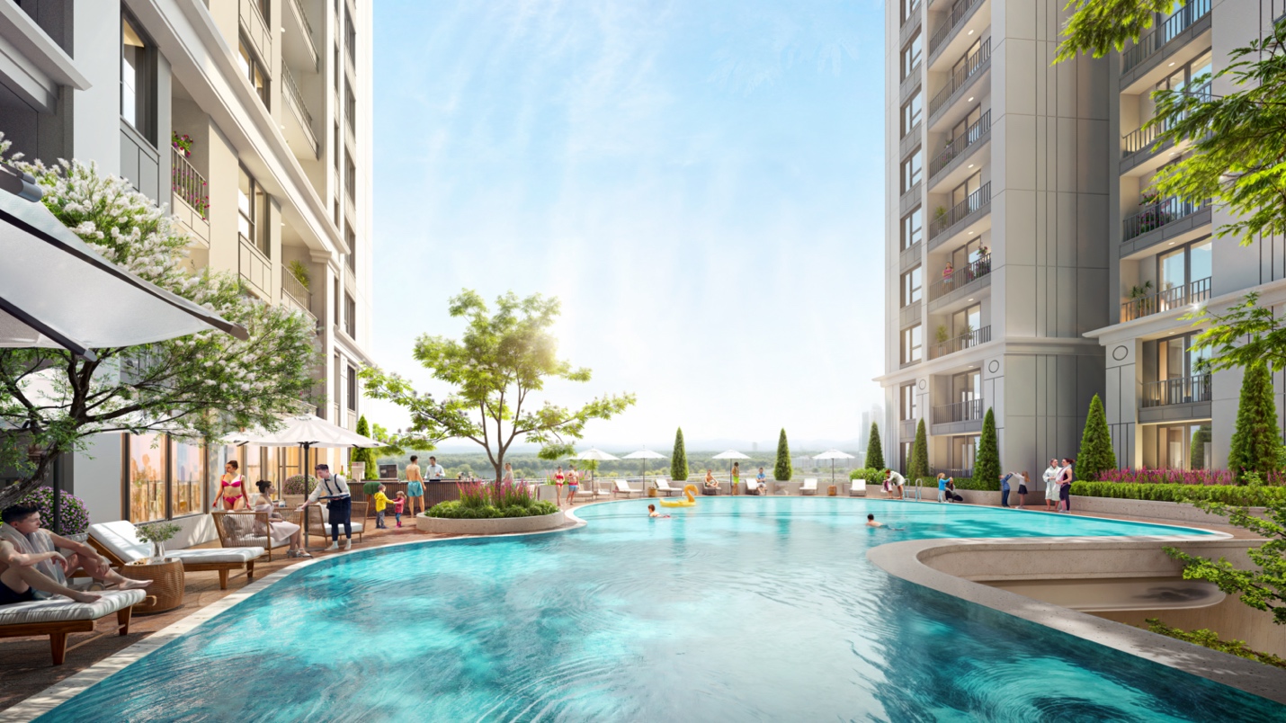 Phối cảnh tổ hợp tiện ích hiện đại tại The Zenith Hải Phòng với hồ bơi Sky View và công viên xanh