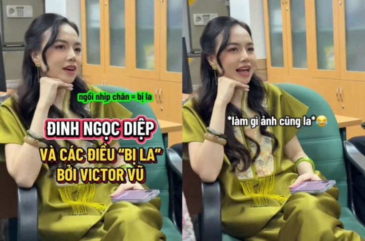 Ở phim trường, Đinh Ngọc Diệp không ngại&nbsp;bày "tiểu phẩm", giỡn hớt với chồng. Hai vợ chồng nhiều lần bày tỏ sự quan tâm dành cho nhau ở nơi làm việc.