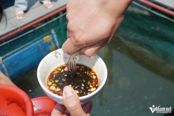 Mực sống không qua chế biến, chấm với gia vị xì dầu, mù tạt.