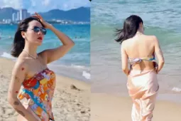 Phương Linh "đốt cháy" bãi biển với thiết kế khăn quấn ngực