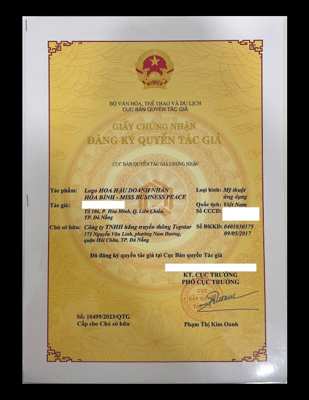 Cục Bản quyền Tác giả – Bộ Văn hóa, Thể thao và Du lịch chứng nhận Quyền Tác giả theo số 10499/2023/QTG cho cuộc thi Hoa hậu Doanh nhân Hòa bình