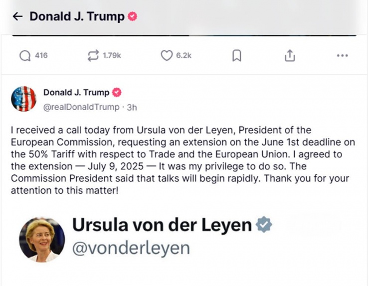Ông Trump lùi thời điểm áp thuế 50% lên EU sang 9/7. Nguồn: TS