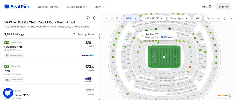 SeatPick hiển thị giá vé cho trận bán kết từ 314 USD, mức giá trung bình khoảng 1.078 USD (Ảnh chụp màn hình)